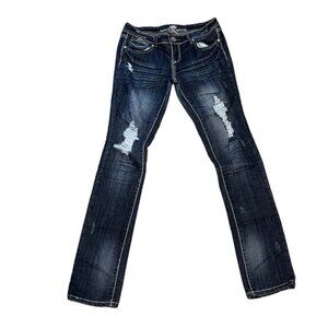 (2494) Almost Famous Women's Skinny Jeans Size 5 Whiskered Daek